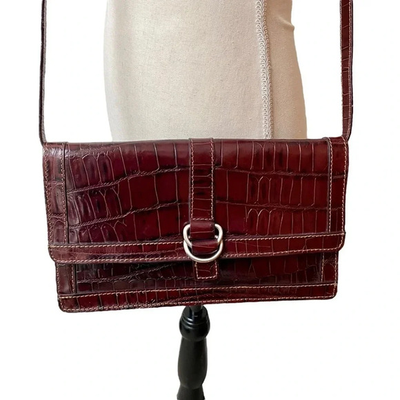 Jones New York Brown Croc Embossed Leather Bag | Convertible Crossbody Clutch - Picture 1 of 15